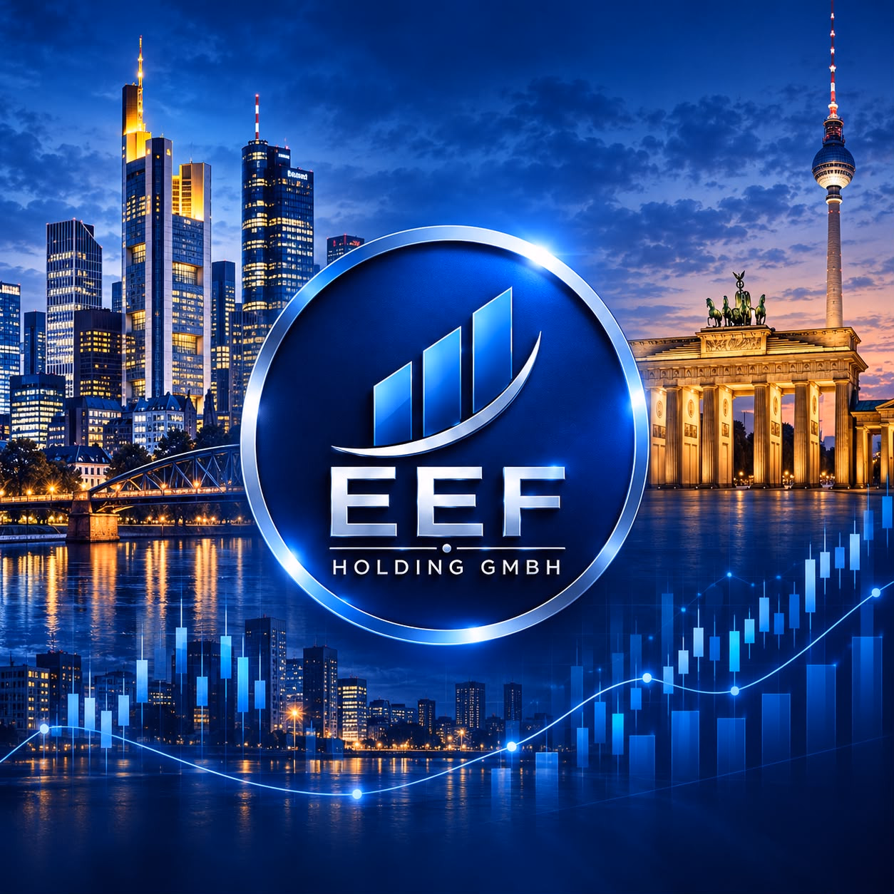 EEF Holding mit Frankfurter Skyline und Berliner Wahrzeichen